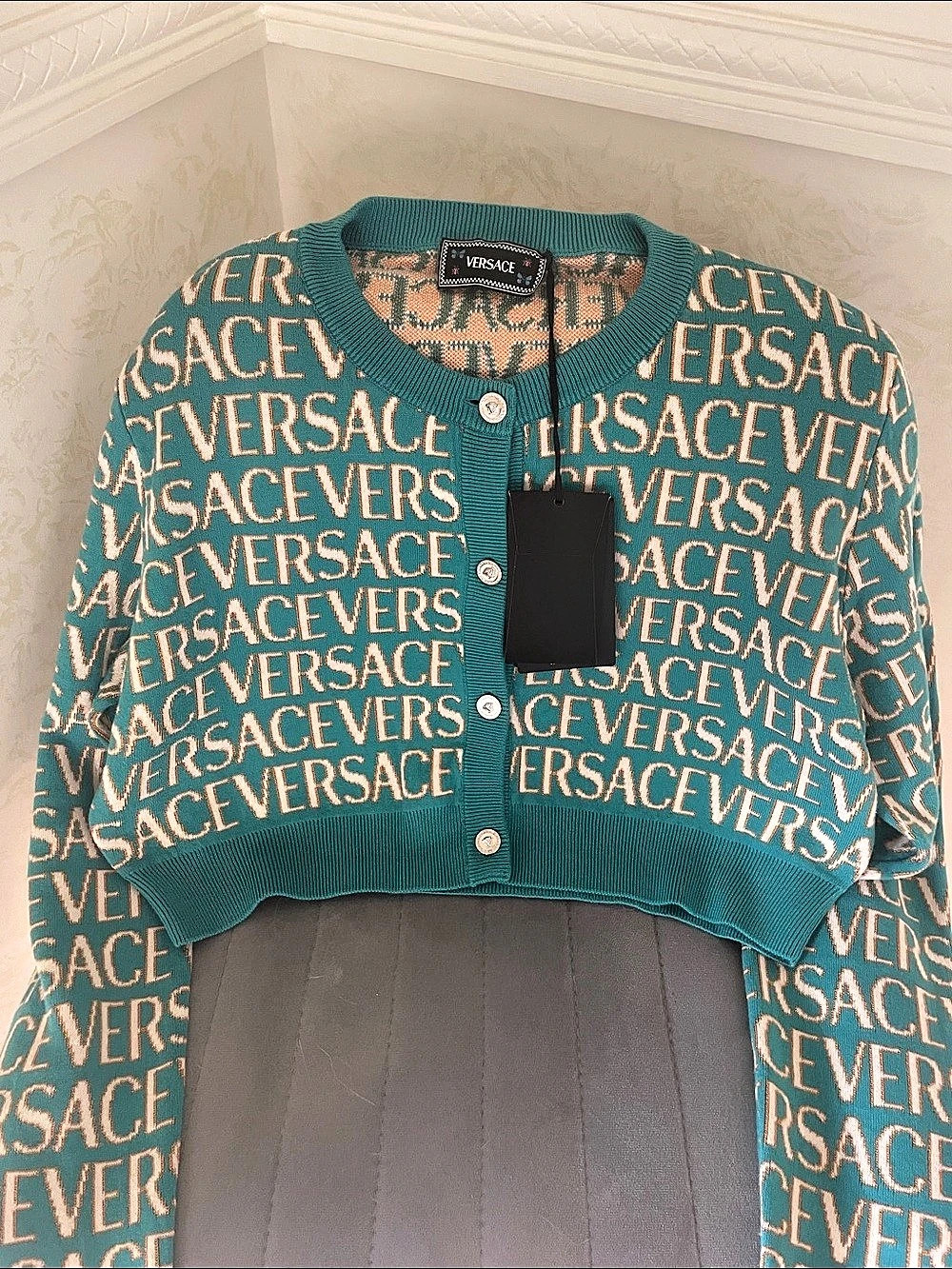 Versace Allover Logo Jacquard Cardigan Blue & White Size 48